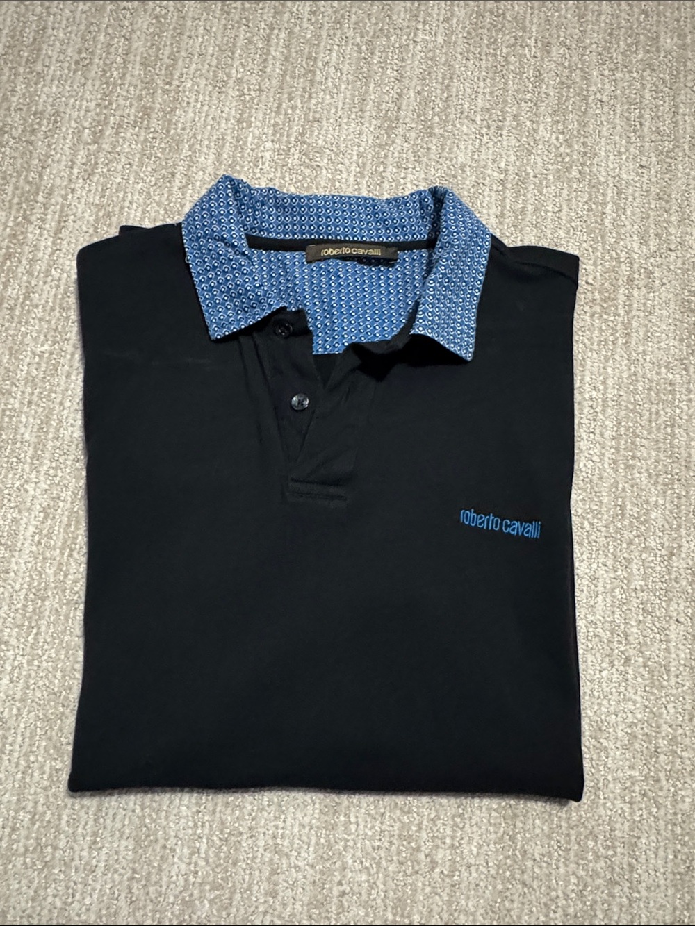 Roberto Cavalli Polo Shirt Men S Black Blue Geometric Collar Embroidered Logo